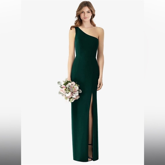 Dessy Collection- ONE-SHOULDER CREPE TRUMPET GOWN WITH FRONT SLIT - Picture 1 of 15